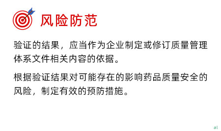 風險防范 驗證的結(jié)果，應當作為企業(yè)制定或修訂質(zhì)量管理體系文件相關(guān)內(nèi)容的依據(jù)。 根據(jù)驗證結(jié)果對可能存在的影響藥品質(zhì)量安全的風險，制定有效的預防措施。